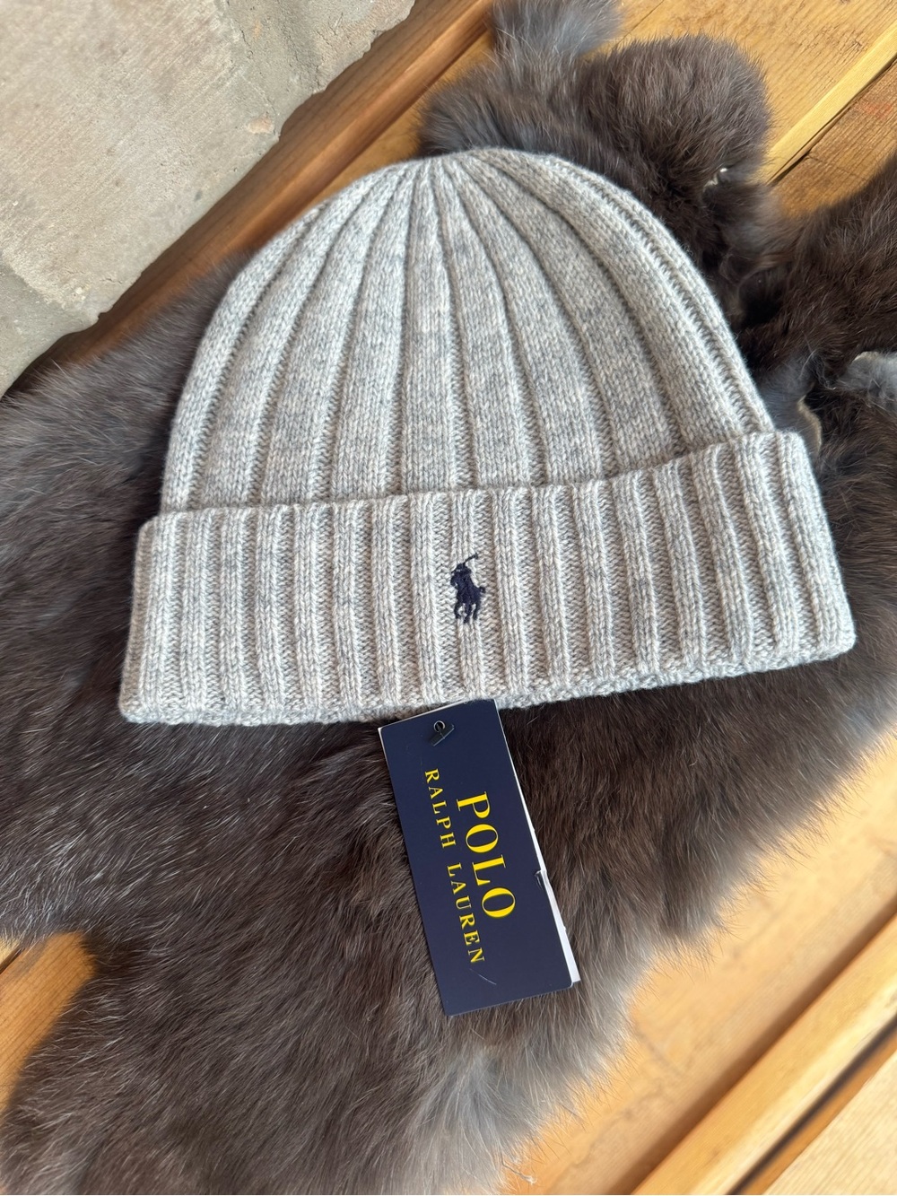 Polo by Ralph Lauren Light Gray Ribbed Knit Beanie with Embroidered Pony